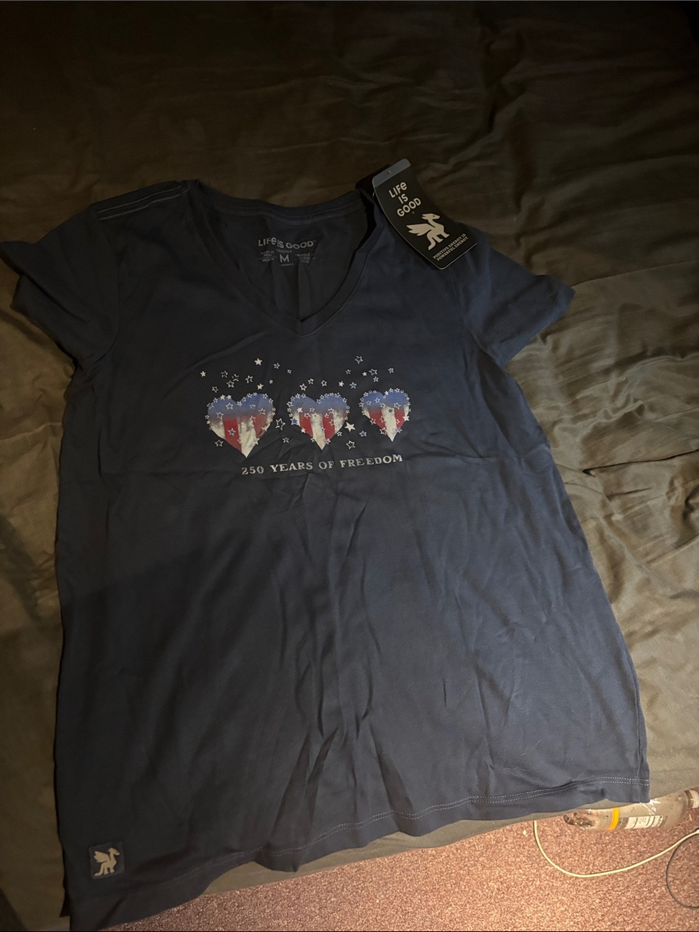 Life Is Good Navy V-Neck Tee with Patriotic Heart Graphic
